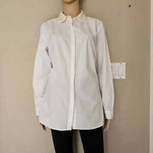 Ann Taylor Women’s White Beaded Cotton Long Sleeve Blouse Size 10